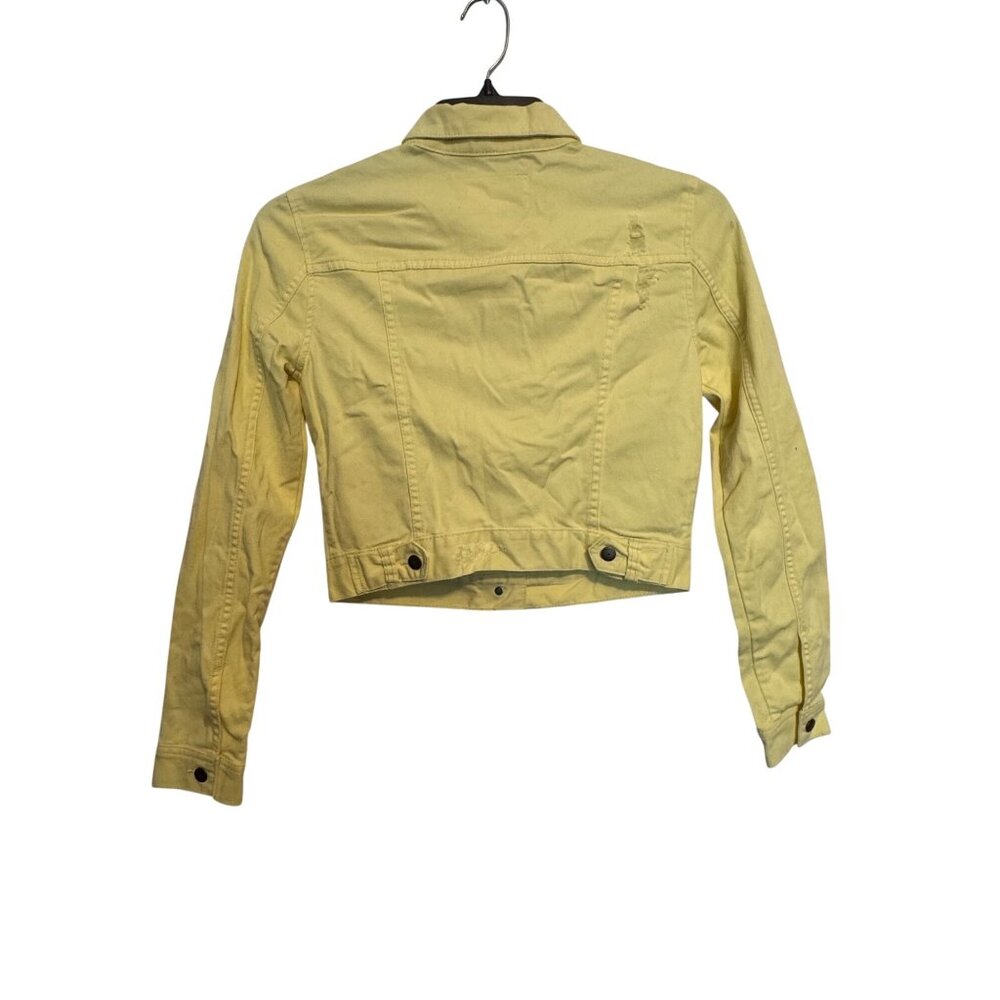 Bcbg Generation Cropped Small Denim Jacket In Soft Lemon Yellow Distressed - Picture 2 of 8